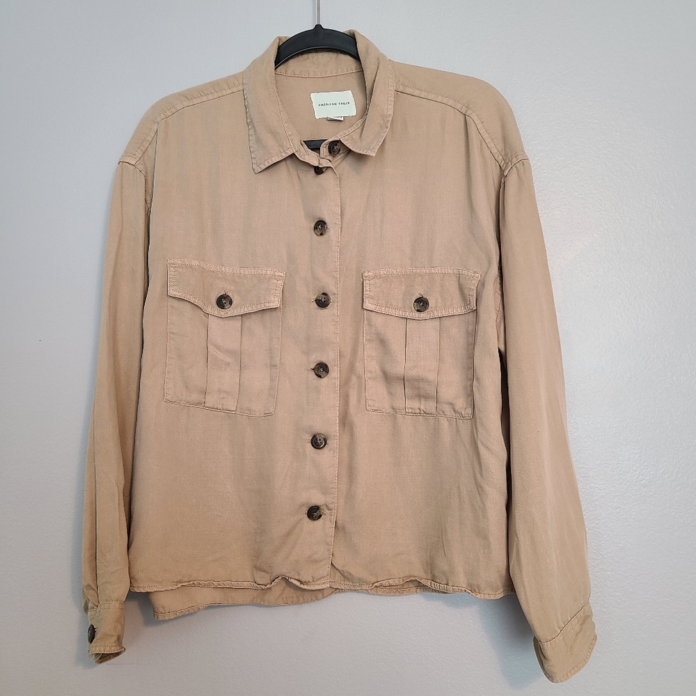 American Eagle Beige / Tan Neutral Minimalist Tortoise Shell Button-up Shirt XL